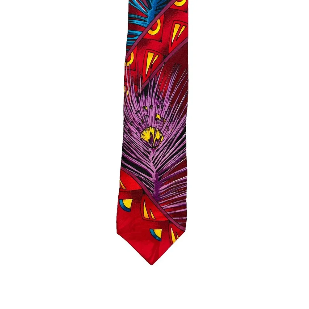 VTG Rush Limbaugh Tie Red Purple Blue Peacock Feather Silk USA Made 90s Abstract